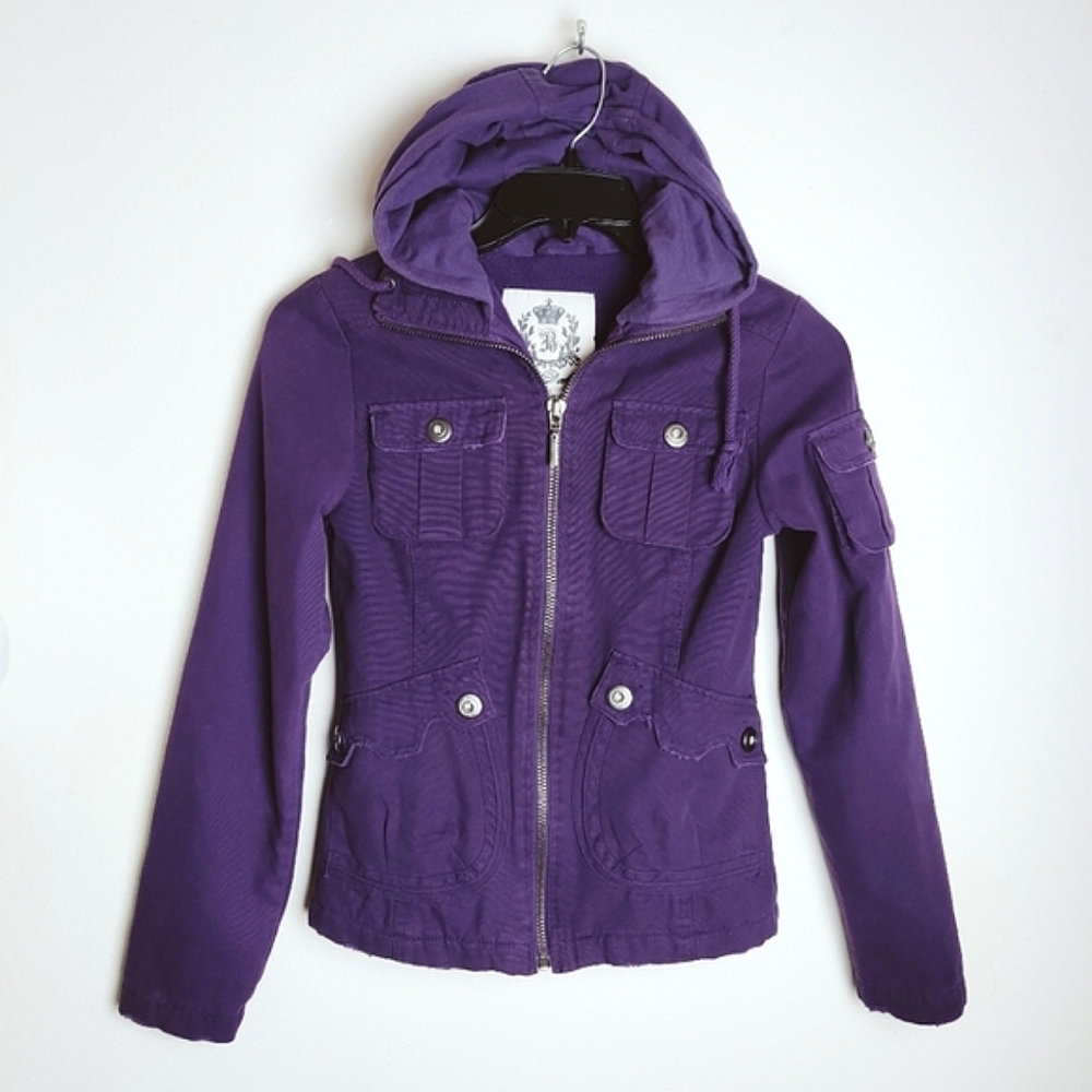 Rare BB Dakota Twilight Bella Purple Distressed Canvas Hooded Utility Jacket, XS